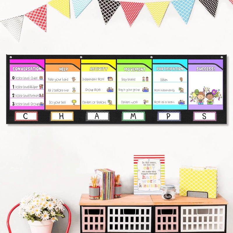 AKAYOK 6 Pockets Storage Pocket Chart for Classroom Small Group Management, Champs Chart, Poster, Photo Wall Display, Drawing, Classroom Organization and Storage (Black) - Image 1